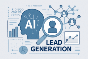 Ilustração de IA aplicando-se à prospecção de leads com gráficos e dados