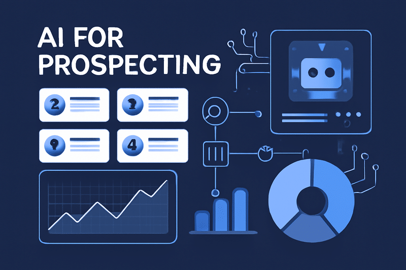 Ilustração de IA aplicando prospecção com gráficos e automação