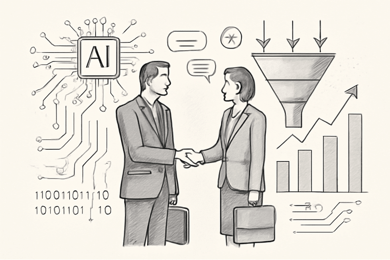 Ilustracao tecnica de prospeccao com IA e funil de vendas