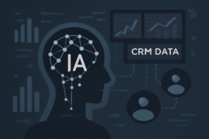 Ilustração de IA na prospecção com dados de CRM e gráficos