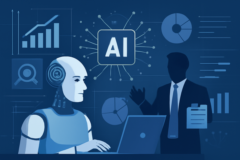 Ilustracao de IA aplicada a prospeccao de vendas com dados e gráficos