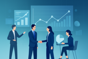 Ilustração de IA aplicada à prospecção com gráficos e equipe de vendas