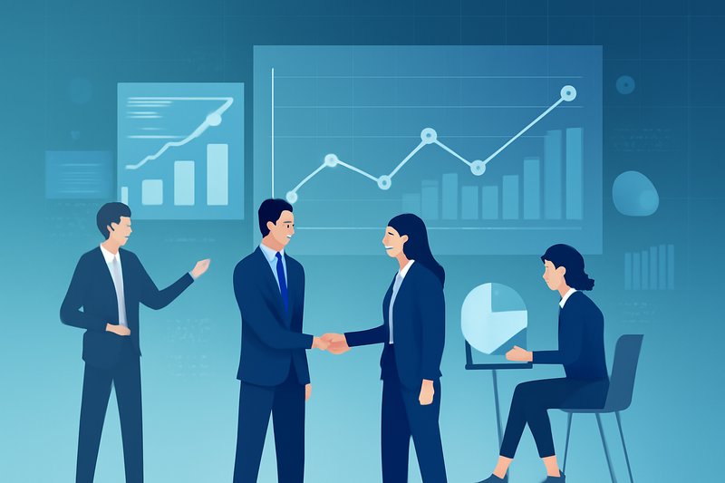 Ilustração de IA aplicada à prospecção com gráficos e equipe de vendas