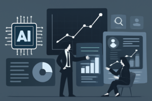 Ilustracao de IA na prospecção com grafico e equipe