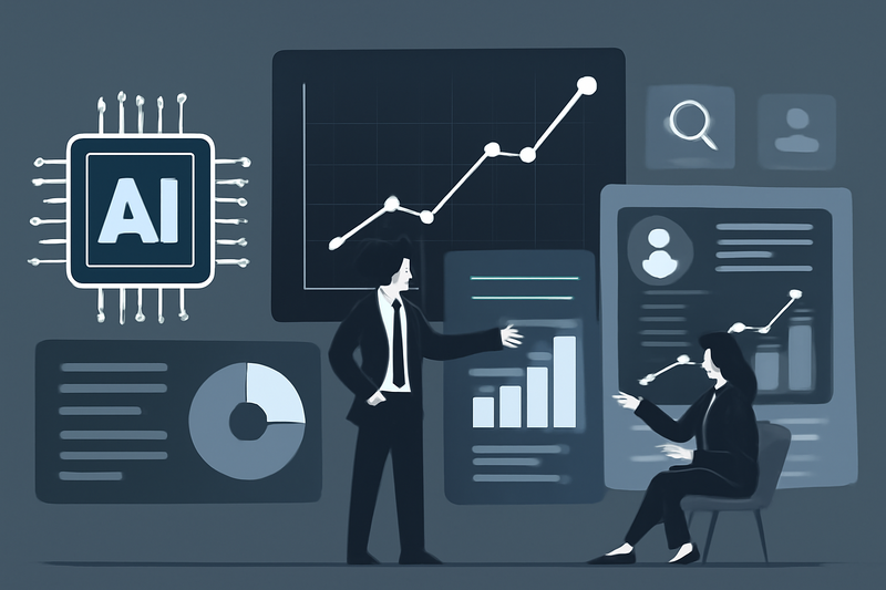 Ilustracao de IA na prospecção com grafico e equipe
