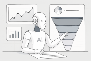 Ilustração de IA trabalhando com dados de prospecção e funil de vendas