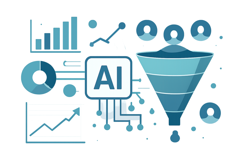 Ilustração de IA na prospecção de vendas com foco em dados e funil