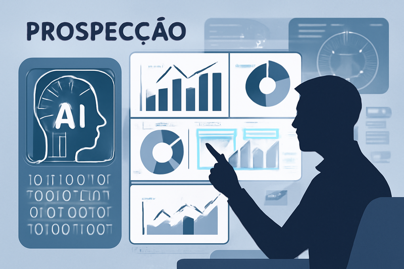 Ilustração de IA e prospecção com dashboards