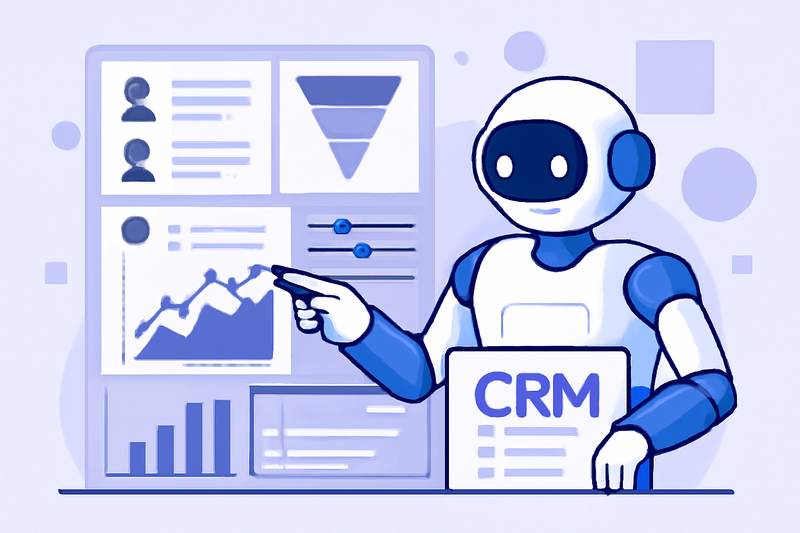 Ilustração de IA trabalhando com dados de prospecção em interface de CRM