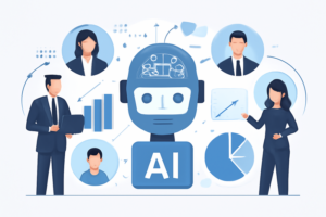 Ilustração de IA aplicada à prospecção com gráficos e personas