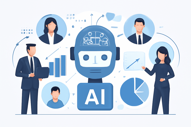 Ilustração de IA aplicada à prospecção com gráficos e personas