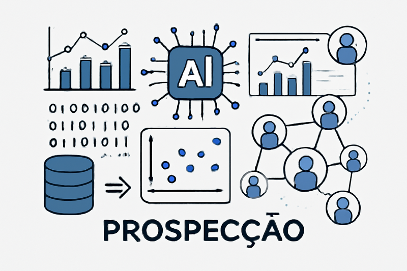 Ilustração de IA aplicada à prospecção com dados e gráficos