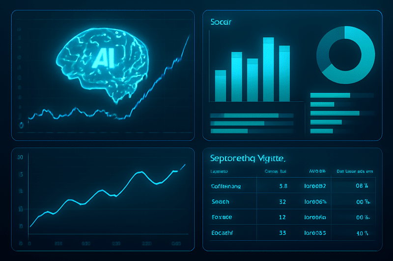 Painel de dados com gráficos de IA representando prospecção