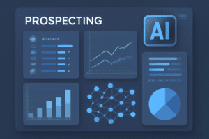 Ilustracao de IA na prospeccao com grafico e rede neural
