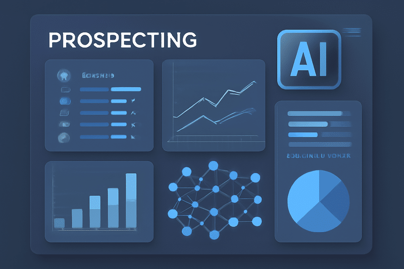 Ilustracao de IA na prospeccao com grafico e rede neural