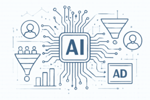 Conceito de IA de prospecção no funil de vendas com elementos de dados e anúncios