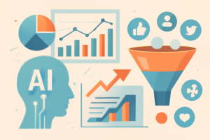 Ilustração de IA aplicada à prospecção em vendas com gráfico e funil