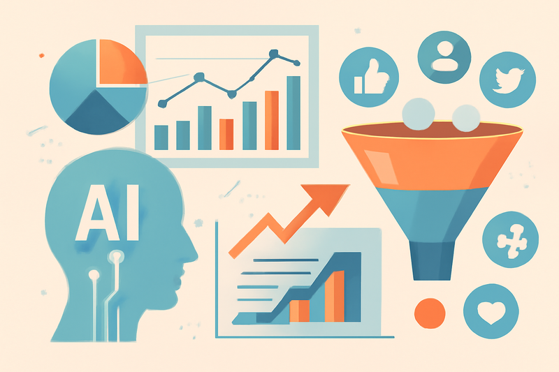 Ilustração de IA aplicada à prospecção em vendas com gráfico e funil