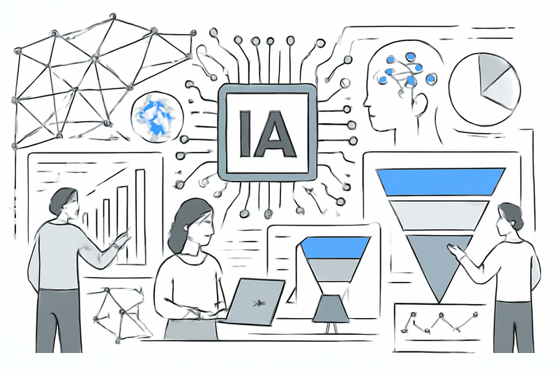 IA de prospecção representada por gráficos e funil de vendas