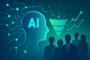 Ilustração de IA na prospecção de leads com gráfico de funil