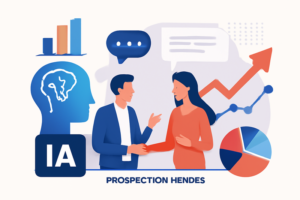 Ilustracao de IA na prospecção de vendas com dados e pessoas conversando