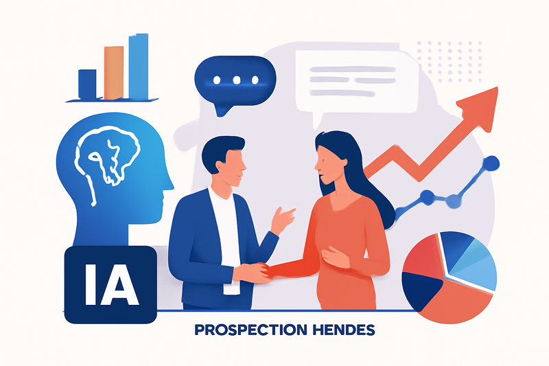 Ilustracao de IA na prospecção de vendas com dados e pessoas conversando