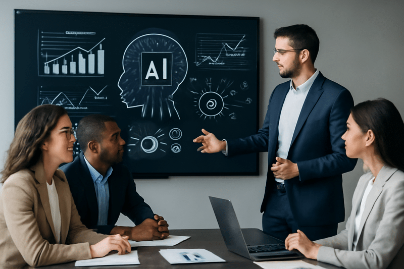 Equipe de vendas analisando dados com IA