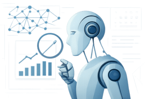 Ilustração de IA aplicando prospecção com gráfico e dados