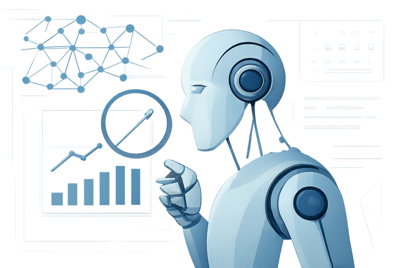 Ilustração de IA aplicando prospecção com gráfico e dados