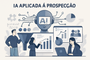Ilustração de IA aplicada à prospecção com gráficos e equipe de marketing