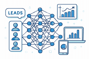 Ilustracao tecnica de IA aplicada a prospeccao no funil de vendas