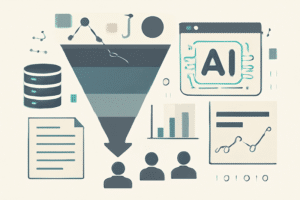 Ilustracao tecnica de prospeccao com IA e funil de vendas