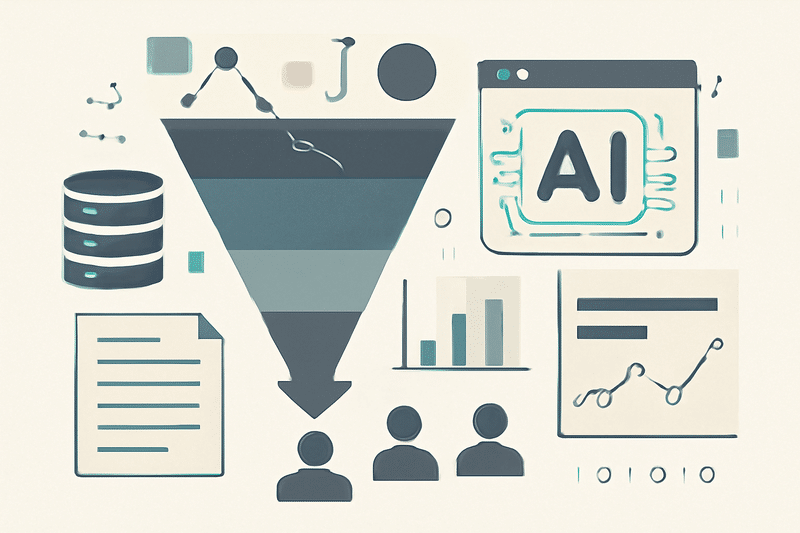 Ilustracao tecnica de prospeccao com IA e funil de vendas