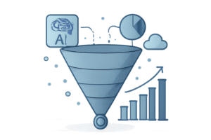 Ilustracao técnica de IA na prospecção com funil de vendas