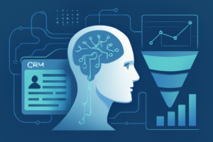 Ilustração de IA aplicada à prospecção de vendas com gráfico de funil