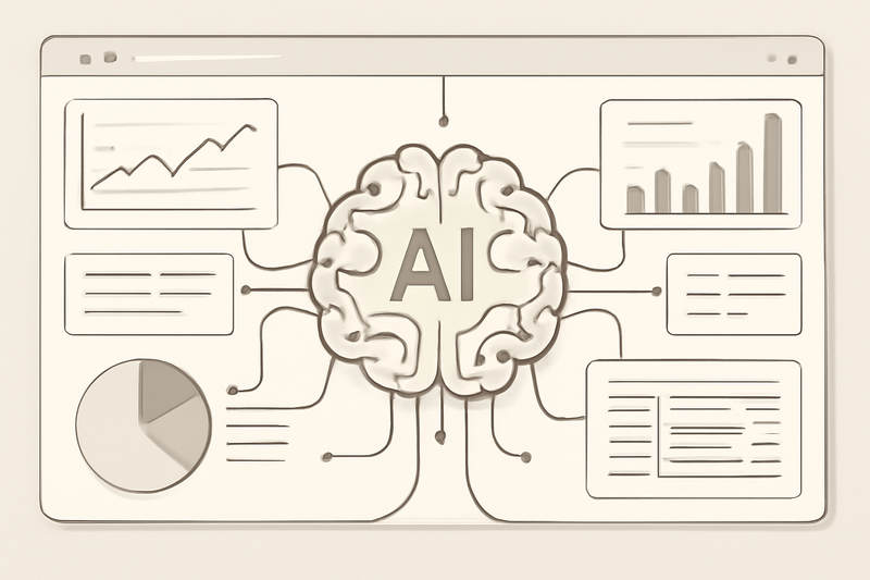 Ilustração técnica de IA conectando leads a um funil de vendas