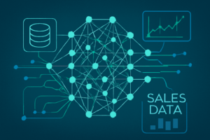 Ilustração de rede neural conectando dados de prospecção para IA de prospecção