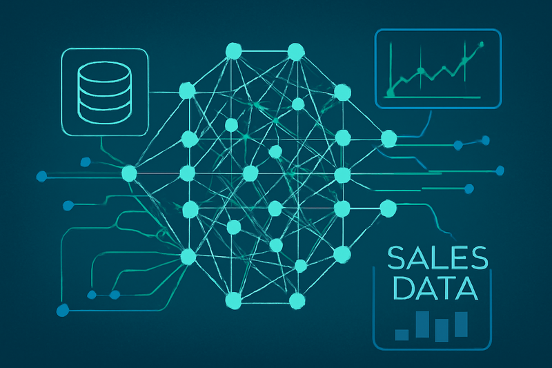 Ilustração de rede neural conectando dados de prospecção para IA de prospecção