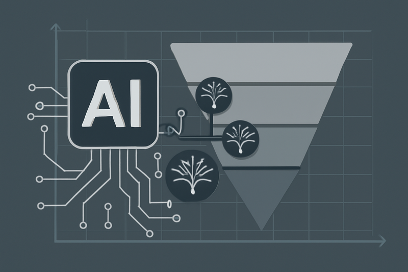 Ilustração de IA aplicada à prospecção em vendas, com gráfico de funil