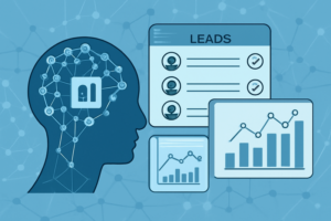 Ilustracao de IA aplicada a prospeccao de leads com grafico de desempenho