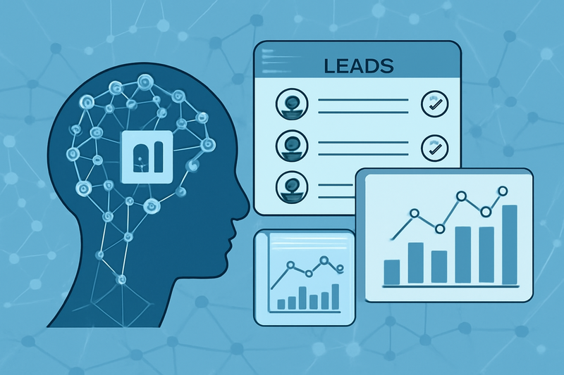 Ilustracao de IA aplicada a prospeccao de leads com grafico de desempenho