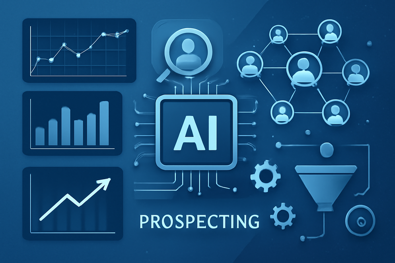 Visão conceitual de IA para prospecção com gráficos e fluxos de dados