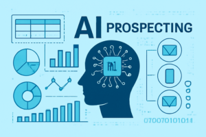 Ilustração de IA de prospecção com dados e mensagens de outreach