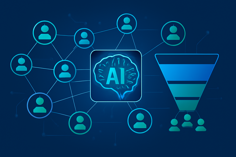 IA prospecção e funil de vendas ilustracao