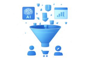 Ilustracao de funil de vendas com IA e dados