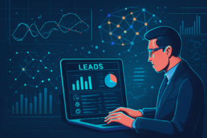 Ilustracao de IA aplicando prospeccao com dashboard de leads