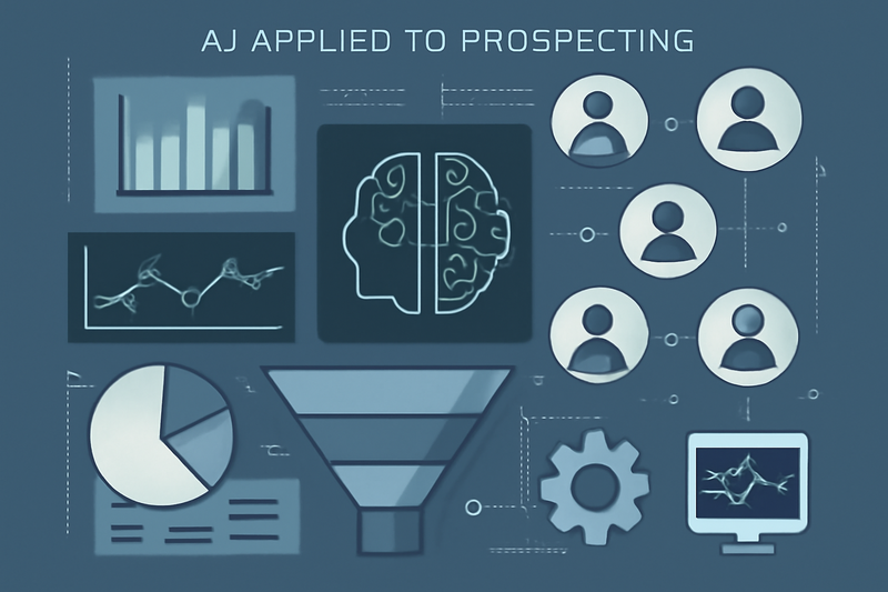 Ilustração técnica de IA aplicada à prospecção e funil de vendas