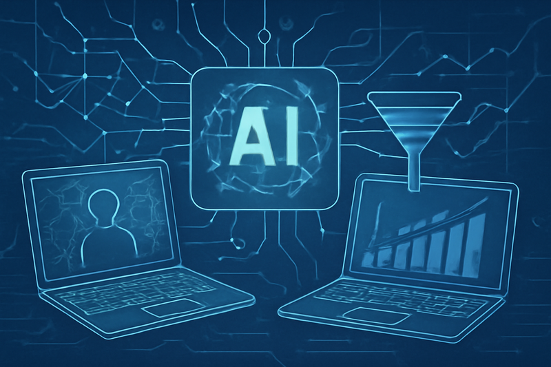 Ilustracao conceitual de IA aplicada a prospeccao e funil de vendas