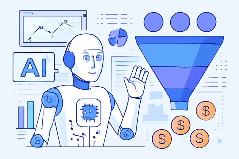 IA aplicando prospecção no funil de vendas com gráficos de dados
