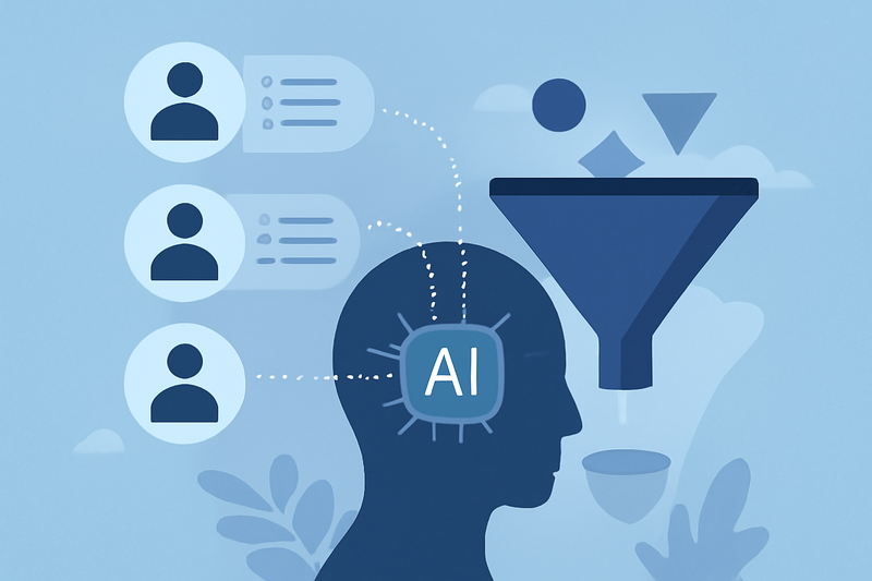 Ilustracao de IA conectando dados ao funil de vendas